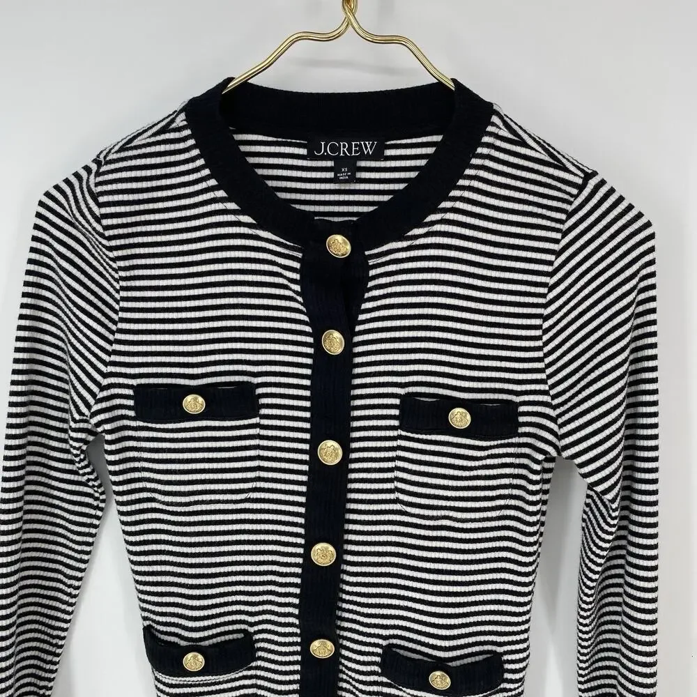 J.Crew Vintage Rib Lady Jacket XS Black White Stripe Gold Button Cardigan